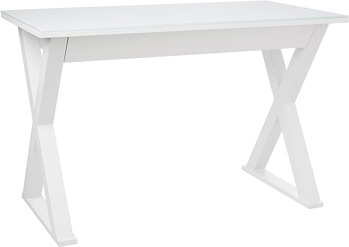 Walker Edison Lawrence Urban Industrial X Leg Glass Top Computer Desk, 48 Inch, White - LeafyLoom