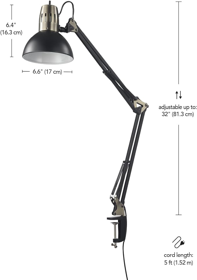 Globe Electric 62000009 32" Multi-Joint Desk Lamp with Metal Clamp, Matte Black, Antique Brass Accents, On/Off Rotary Switch on Shade, Partially Adjustable Swing Arm, Home Décor, Office Accessory - LeafyLoom