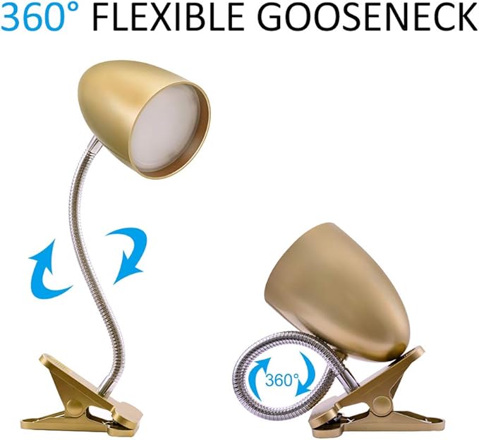 Energetic Clip on Lamp for Bed, Non-Dimmable Reading Light for Bed and Desk, 4000K Cool White, 3.5W 240 LM Flexible Gooseneck lamp, Eye Protection, ETL Listed, Gold - LeafyLoom