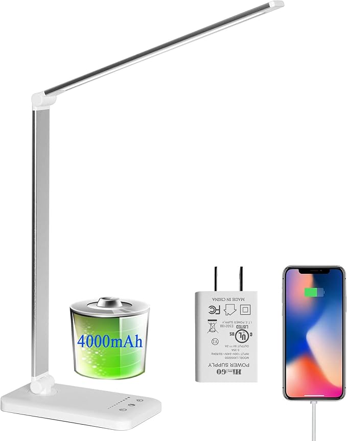 LED Desk Lamp, Eye-Caring Stepless Dimmable Office Table Lamp with USB Charging 4000mAh Battery, Foldable,Touch, 30/60minsTimer,5 Lighting Modes with 5 Brightness Levels - LeafyLoom