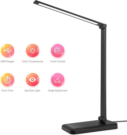 Led Desk Lamp, Desk Lamp with USB Charging Port, 5 Color Modes, 10 Brightness, Natural Light, Eye Caring Reading Lamp, Desk Light for Home Office, Table Lamp, Touch Control, Auto-Timer, Black - LeafyLoom