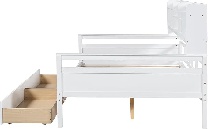 Merax Full Wood Daybed with Bedside Shelves and Two Drawers Sofa Bed Frame for kids Boys Girls/No Box Spring Needed White - LeafyLoom