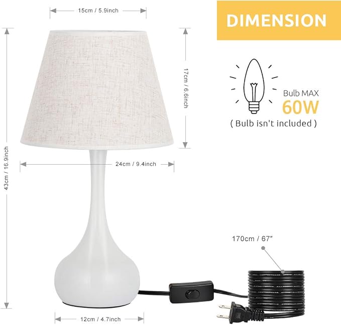 SEHERTIWY Table Lamp Set of 2, Small Bedside Lamps for Bedroom, Modern Lamp with White Fabric Shade,Nightstand Desk Lamp for Living Room Rustic Office Dorm - LeafyLoom