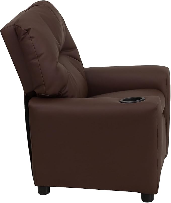 Flash Furniture Chandler LeatherSoft Kids Recliner with Cup Holder and Safety Recline, Contemporary Reclining Chair for Kids, Supports up to 90 lbs., Brown - LeafyLoom