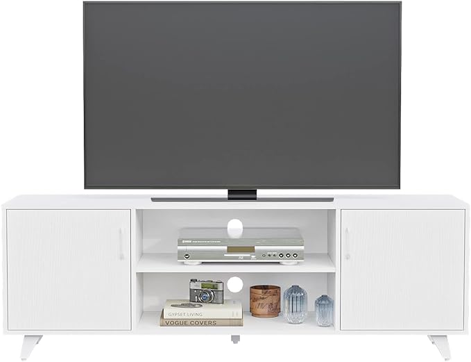 Panana TV Stand, Entertainment Center with 2 Doors and 2 Cubby Storages Cabinets for up to 65 inch for Living Room Bedroom (White, 53.5 inch) - LeafyLoom