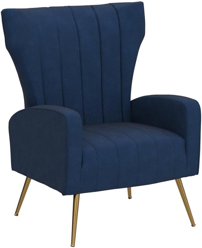 Armchair Modern Velvet Accent Chair, Channel Tufted Bedroom, Office or Living Room Furniture with Elegant Metal Legs, Blue - LeafyLoom