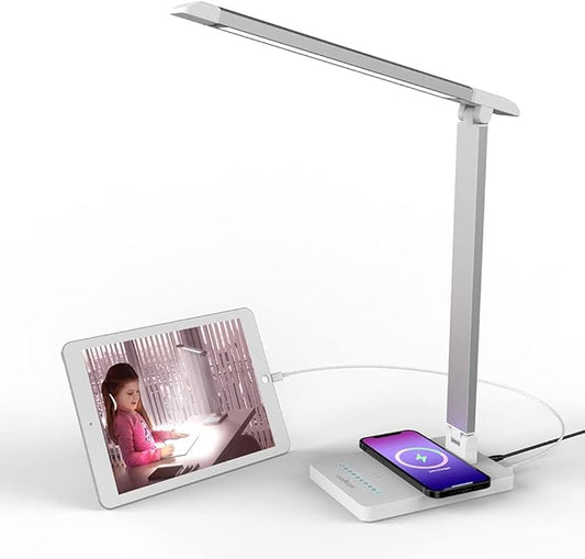 Eye-Caring LED Desk Lamp Table Lamp Reading Lamp Touch lamp with Wireless Charger and USB Port,Foldable Dimmable Small Table Desk Lamp for Living Room Bedroom Bedside Office Study,Modern White - LeafyLoom