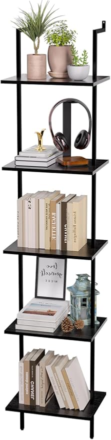 Nidouillet 5 Tier Ladder Shelf, 70-Inch Wall Mounted Ladder Bookshelf Metal Frame Storage Rack and Industrial Display Shelves for Living Room Bedroom Home Office - Black - LeafyLoom