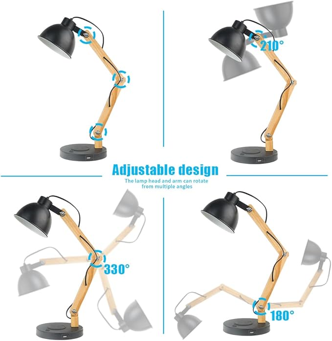 ELINKUME LED Desk Working Lamp with Charging(Wireless/USB-A/Typ-C),Wood Swing Arm Table Bedside Lamp, Black Metal Lampshade,Vintage Reading Light for Office,Study,Bedroom,Living Room(Excluding Bulb) - LeafyLoom