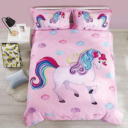 Wowelife Unicorn Bedding Set Twin for Girls Comforter Set Twin 5 Pieces Pink Bedding Set for Girls Rainbow Cloud Unicorn Bed Set Twin Kids Bed in a Bag with Sheets, Super Breathable Soft - LeafyLoom