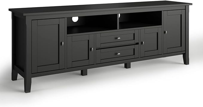 SIMPLIHOME Warm Shaker Style Solid Wood TV Media Stand, 72 inch Wide, Farmhouse Rustic, Living Room Entertainment Center, Storage Shelves and Cabinets, for Flat Screen TVs up to 80 inches in Black - LeafyLoom