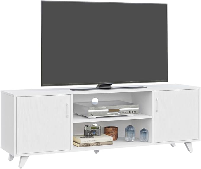 Panana TV Stand Television Stands TV Console Unit with Shelf and 2 Doors Storage Cabinets for Living Room Bedroom for TVs up to 70 Inches (White,62.99 inches) - LeafyLoom