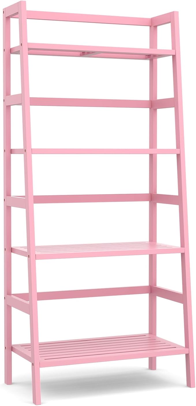 Homykic Bamboo Ladder Bookshelf, 4-Tier Ladder Shelf Open Book Shelf Freestanding Bookcase Bathroom Storage Rack Plant Stand for Living Room, Bedroom, Office, Easy Assembly, Pink - LeafyLoom