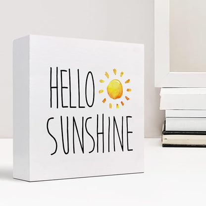 Hello Sunshine Wood Box Sign Decor Desk Sign,Farmhouse Rustic Summer Sunshine Wooden Box Block Sign for Home Office Shelf Table Decor Decorations - LeafyLoom