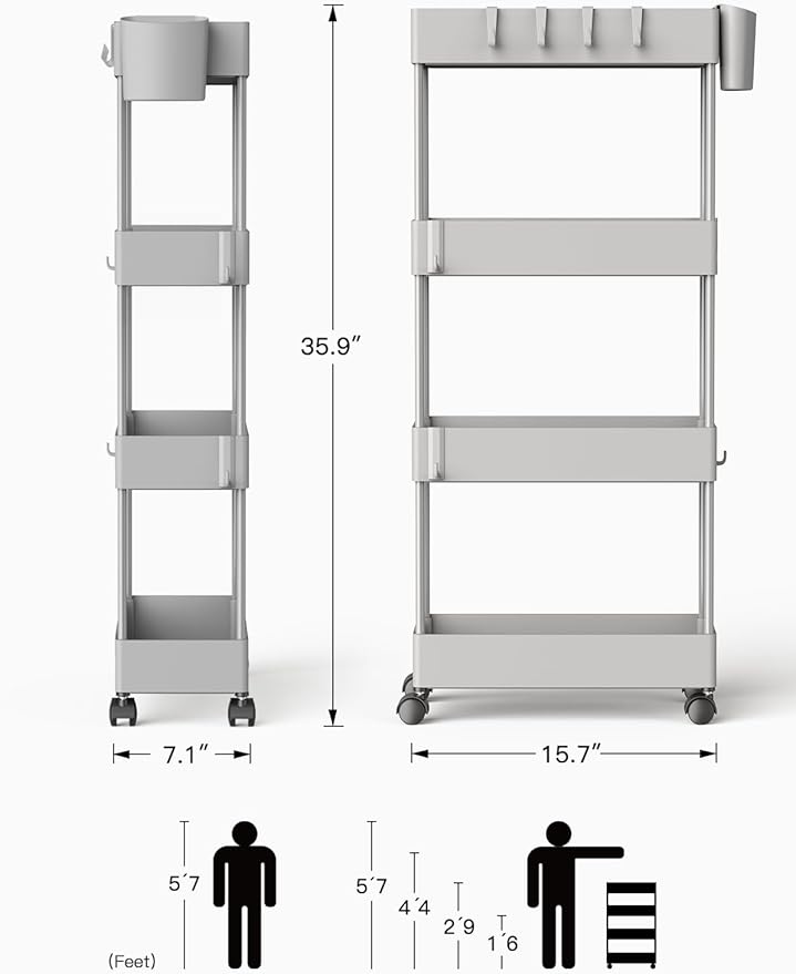 Pipishell Slim Storage Cart with Wheels, 4 Tier Bathroom Storage Organizer Rolling Utility Cart for Bathroom Kitchen Laundry Room Office Narrow Place (Gray) - LeafyLoom