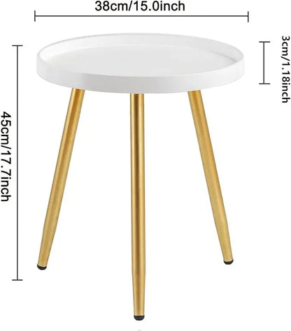 Round Side Table Wooden Tray Table with Metal Tripod Stand Nightstand Coffee Table End Table for Living Room Bedroom Office Small Spaces, 18" H x 15”D (White & Gold) - LeafyLoom