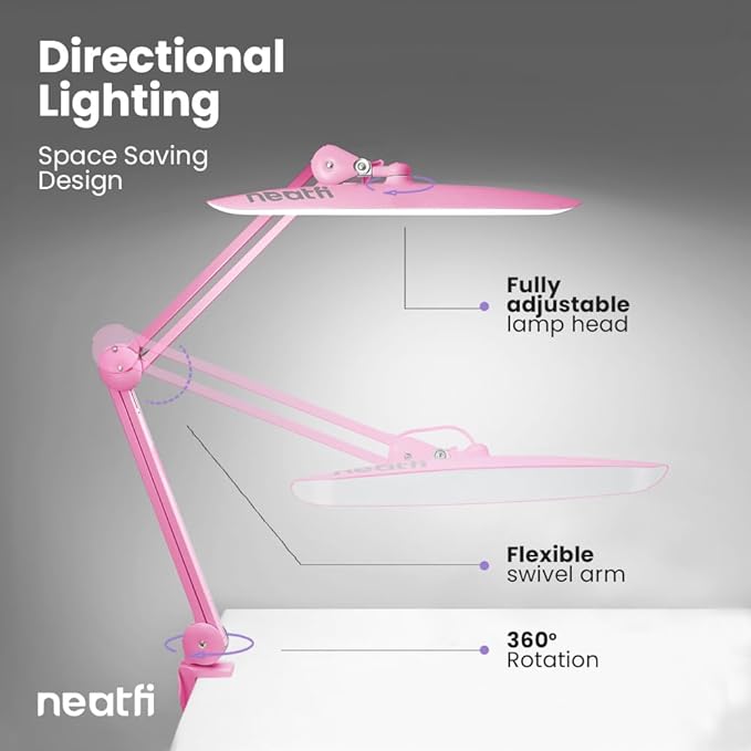 Neatfi XL 2,200 Lumens LED Task Lamp, 24W Super Bright Desk Lamp, 117 Pcs SMD LED, 4 Level Brightness, Dimmable, Task LED Light for Home, Office, Workbench (Non-CCT, Pink) - LeafyLoom