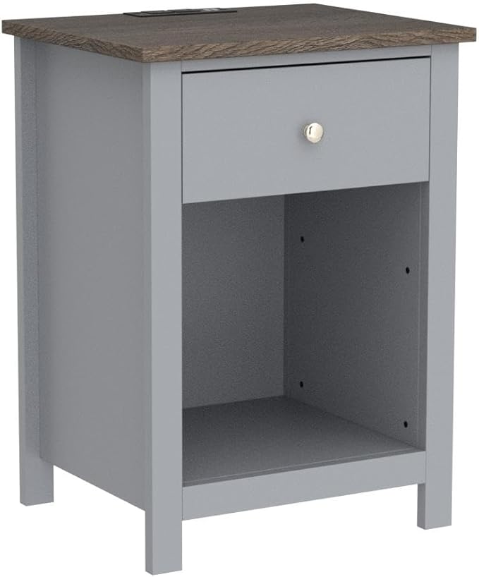 ChooChoo Nightstand with Charging Station, Wooden Top Bedside Table with Drawer and Storage Space for Bedroom, Grey - LeafyLoom