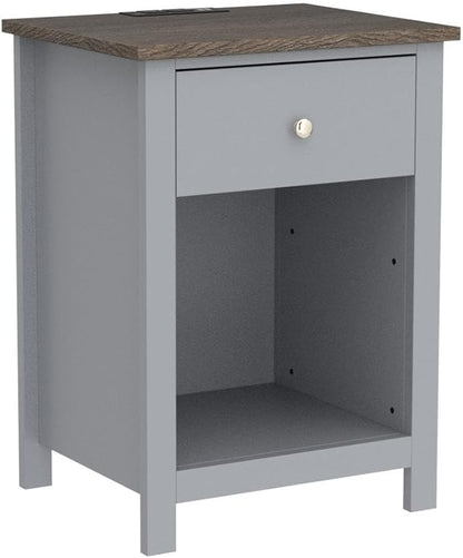 ChooChoo Nightstand with Charging Station, Wooden Top Bedside Table with Drawer and Storage Space for Bedroom, Grey - LeafyLoom