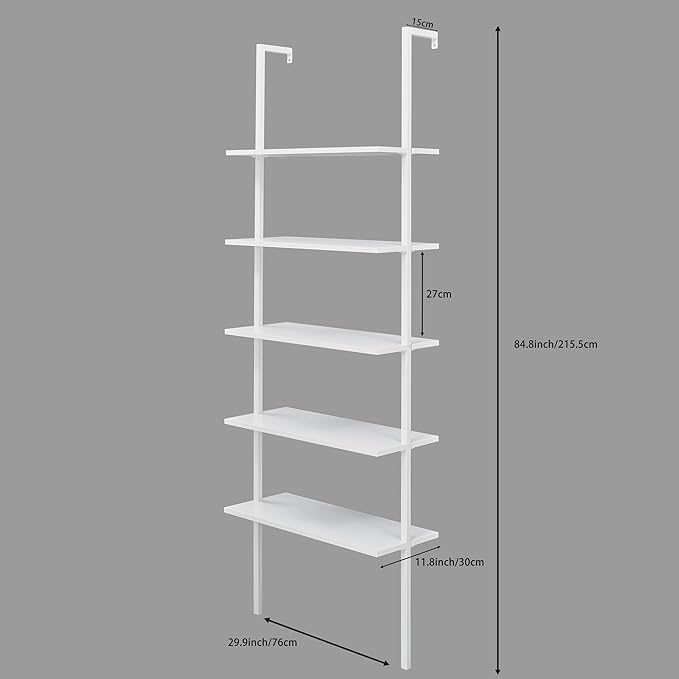 5-Shelf Wood Modern Bookshelf, Open Wall Ladder Bookcase Plant Shelf Vintage Kitchen Shelves Storage, Farmhouse Heavy Duty Display Shelf Wide Modern Open Book Case (White-1) - LeafyLoom