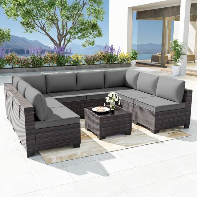 Patio Furniture Set 9-Piece Outdoor Furniture for Backyard Wicker Sectional Sofa Set, Rattan Patio Conversation Set with Thickened Cushions and Glass Coffee Table, Grey - LeafyLoom