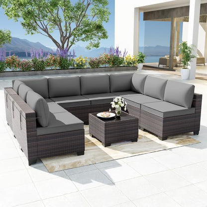 Patio Furniture Set 9-Piece Outdoor Furniture for Backyard Wicker Sectional Sofa Set, Rattan Patio Conversation Set with Thickened Cushions and Glass Coffee Table, Grey - LeafyLoom