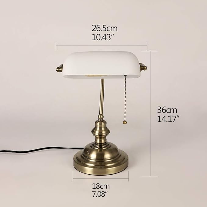 Newrays White Matted Glass Bankers Desk Lamp with Pull Chain Switch Plug in Fixture - LeafyLoom