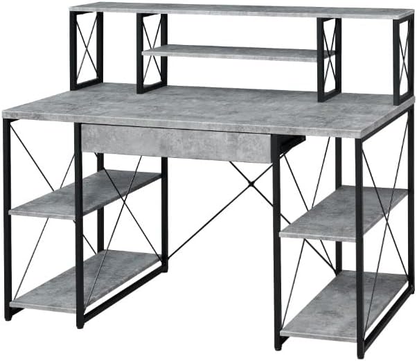 Acme Amiel Wooden 1-Drawer Writing Desk in Faux Concrete and Black - LeafyLoom