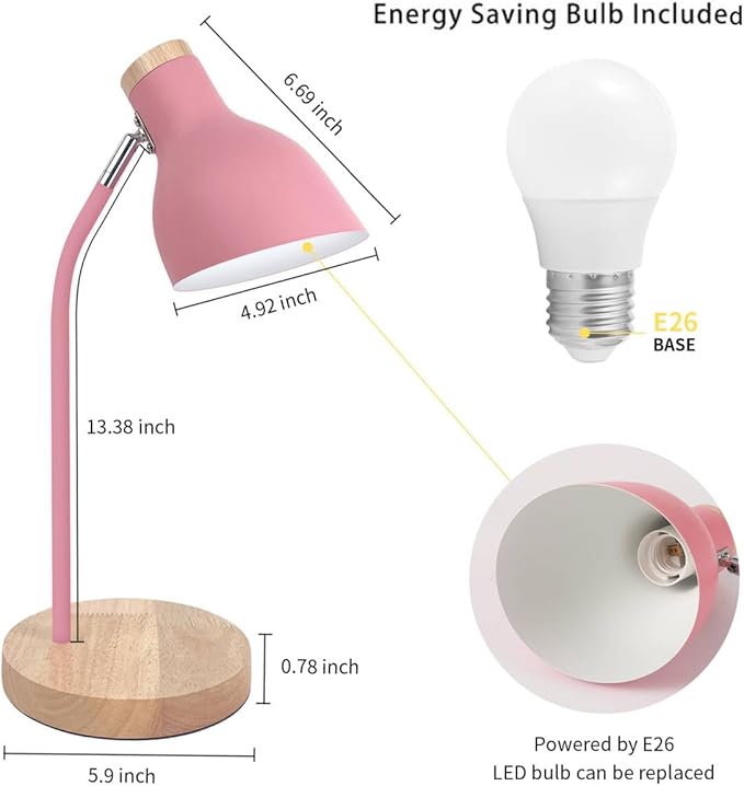 Himmel Desk Lamp, Adjustable Metal Table Lamp, Children's Table Lamp for Bedroom, Living Room, E27 Socket Reading Next to Lamp (Pink) - LeafyLoom