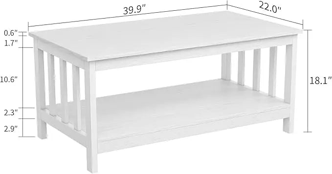 ChooChoo Farmhouse Coffee Table, Pure White Living Room Table with Shelf, 40 Inch - LeafyLoom