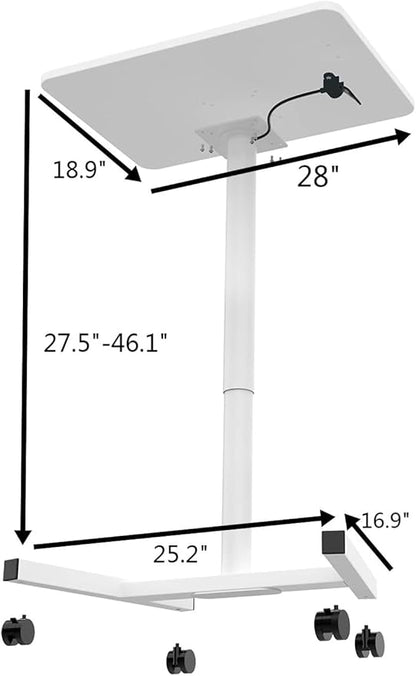 Rolling Desk with Adjustable Height, Sit-to-Stand Desk with Lockable Wheels, 28-Inch Rolling Standing Mobile Desk Cart for Home Office Classroom (White) - LeafyLoom