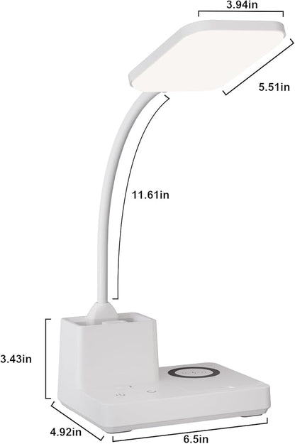 Sailstar Desk Lamp with Wireless Charger & USB Charging Port, LED Desk Lamps for Home Office, 800LM, 3 Lighting Modes, Dimmable, Pen Holder, 360°Gooseneck Desk Light for College Dorm Room - LeafyLoom