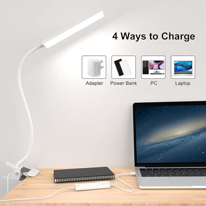 RAOYI LED Desk Lamp, 5W USB Clip on Light Eye-Caring Reading Clamp Table Lamp with 48 LEDs Flexible Gooseneck, 3 Color Modes and 14 Brightness Levels for Office Bedroom Study (White) - LeafyLoom