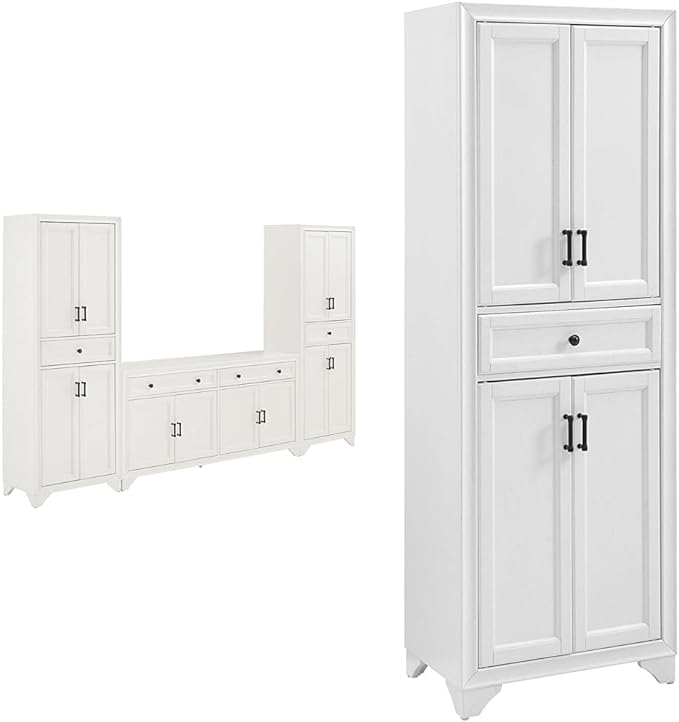 Crosley Tara 3-Piece Sideboard and Pantry Set with 2 Pantries, Distressed White - LeafyLoom