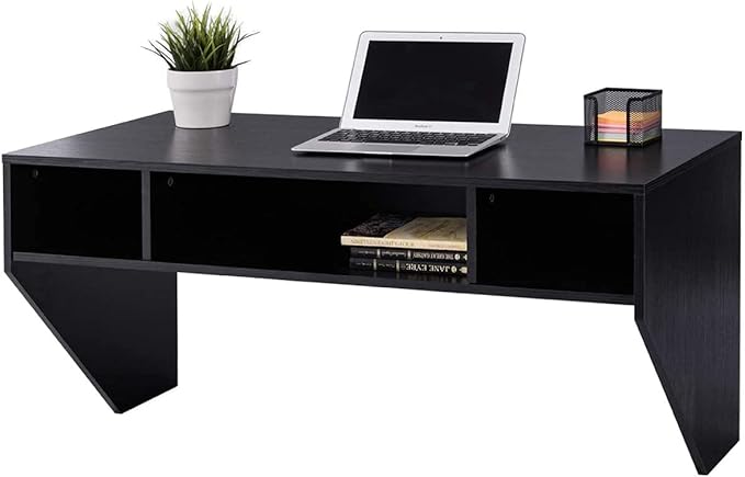 Computer Floating, Home Office Working, 42.5” Laptop Table Writing w/Storage Shelves, Modern Console Media Cabinet Wall Mounted Desk Hutch, Black - LeafyLoom