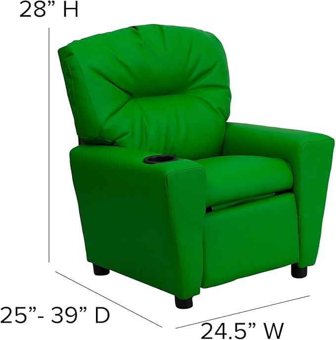 Flash Furniture Chandler Vinyl Kids Recliner with Cup Holder and Safety Recline, Contemporary Reclining Chair for Kids, Supports up to 90 lbs., Green - LeafyLoom