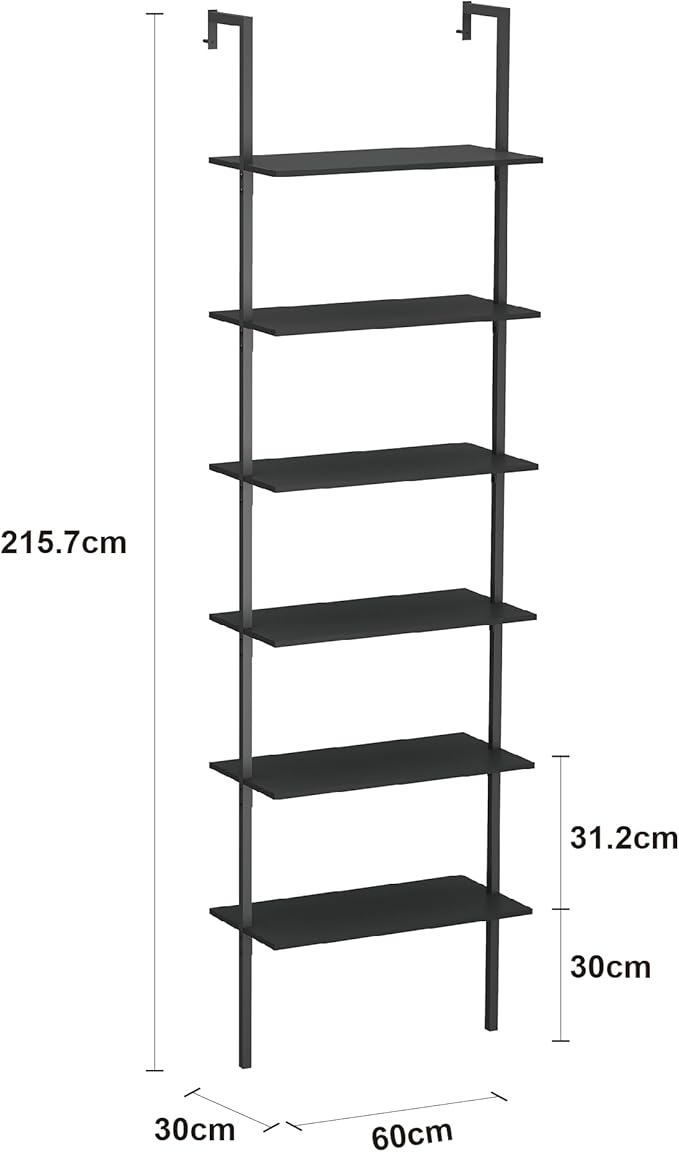 Panana 6 Tier Tall Modern Bookshelf, Industrial Ladder Shelf Open Space Wall Mount Bookshelf with Metal Frame Sturdy Bookcase for Living Room (Black, 6-Tier) - LeafyLoom