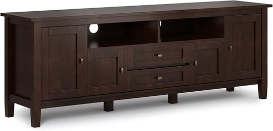 SIMPLIHOME Warm Shaker SOLID WOOD Universal TV Media Stand, 72 inch Wide, Transitional, Living Room Entertainment Center with Storage, for Flat Screen TVs up to 80 inches in Russet Brown - LeafyLoom