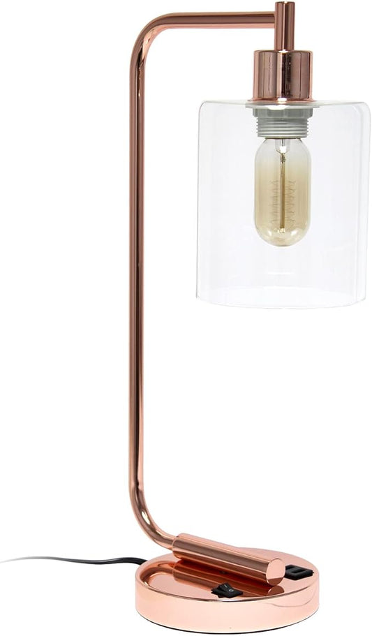 Simple Designs LD1066-RGD Bronson Antique Style Industrial Iron Lantern Desk Bedside Table Lamp with Dual 2 USB Charging Ports and Glass Shade, Rose Gold - LeafyLoom