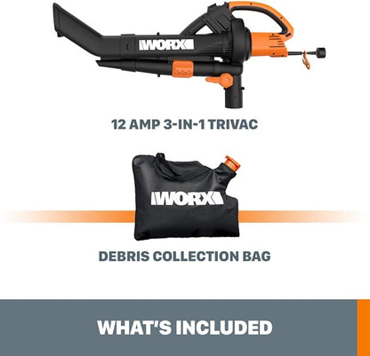 WORX WG509 TRIVAC 12 Amp 3-in-1 Electric Leaf Blower/Leaf Vacuum/Mulcher, Metal Impeller for Fine Mulching - LeafyLoom