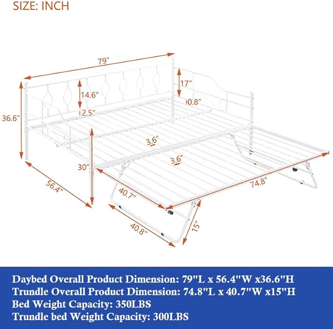 Full Daybed with Trundle, Metal Day Bed with Pull Out Trundle, Sofa Bed with Twin Size Portable Folding Trundle, Bed Frame for Bedroom, Living Room, Guest Room, Home, No Box Spring Needed, White - LeafyLoom