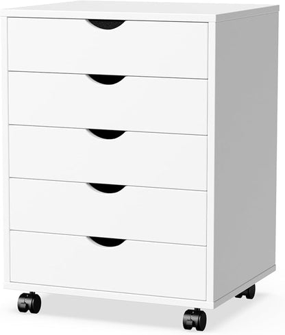 DUMOS 5 Drawer File Cabinet 5 Wood Rolling Organizer Storage Chest with Wheels Mobile Printer Stand for Home Office, White - LeafyLoom