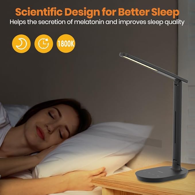 LASTAR Desk Lamp, Dimmable Eye-Protecting Table Lamps with Night Light, USB Charging Port, 4 Color Temperature Modes, 5 Brightness Levels, 1H Timer, Touch Control for Home Office Bedroom - LeafyLoom