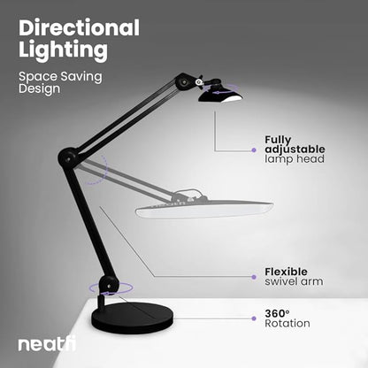 Neatfi XL 2,200 Lumens LED Task Lamp, 24W Super Bright Desk Lamp, 117 Pcs SMD LED, 4 Level Brightness, Dimmable, Task LED Light for Home, Office, Workbench (Non-CCT with Base, Black) - LeafyLoom