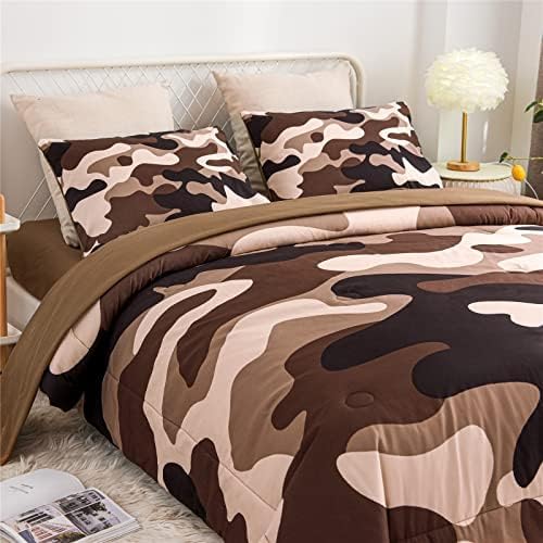 Meeting Story Camouflage Bedding Set, Colorful Pattern Style Comforter Set, 5 PCS One Comforter Two Pillowcases Two Sheets in One Bag, All Season Bedspread for Teens Adults (Coffee, Queen 5Pcs - LeafyLoom