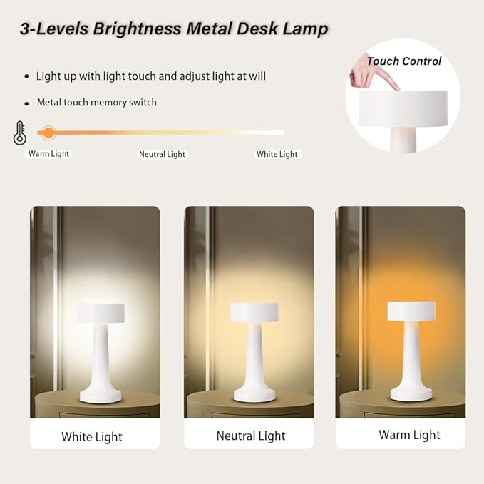 Portable LED Table Lamp, 3-Levels Brightness Metal Desk Lamp, 3 Color Touch Control Rechargeable Lamp, Night Light, Bedside Lamp,Dining Room Lamp,Gifts for Friends (White) - LeafyLoom