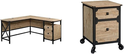 Sauder Steel River L-Shaped Desk, L: 59.84" x W: 57.32" x H: 29.53", Milled Mesquite Finish & Steel River Pedestal File Cabinet, L: 20.87" x W: 23.86" x H: 26.58", Milled Mesquite Finish - LeafyLoom