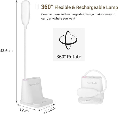 LED Desk Lamp, NovoLido Rechargeable Lamp with USB Charging Port/Pen Holder/Phone Holder, Small Study Cute for Kids/Home/Office/Dorm, Flexible Portable Bedside Table Reading (White) - LeafyLoom