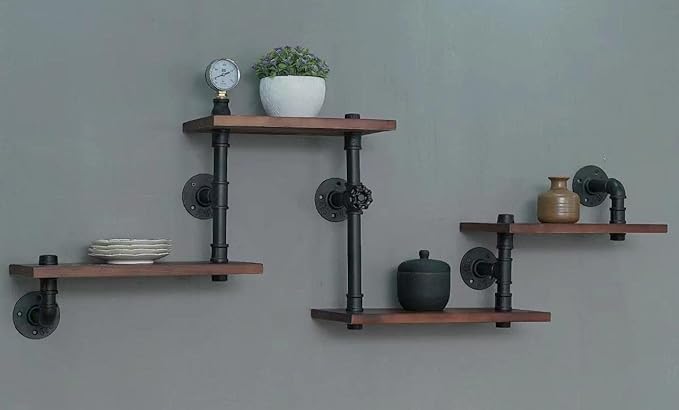 Industrial Rustic Modern Solid Wood Ladder Pipe Wall Mounted Floating Shelves – 4 Tiers Bookshelf,DIY Storage Shelving,Hung Bracket,Bookcases - LeafyLoom