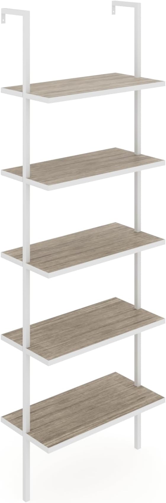 Nathan James Theo 5-Shelf Modern Bookcase, Open Wall Mount Ladder Bookshelf with Industrial Metal Frame, Gray Oak Wood/White - LeafyLoom